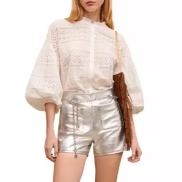 MAJE IROSUM LEATHER SHORTS Silver NWT Size-38 no belt - Picture 4 of 8